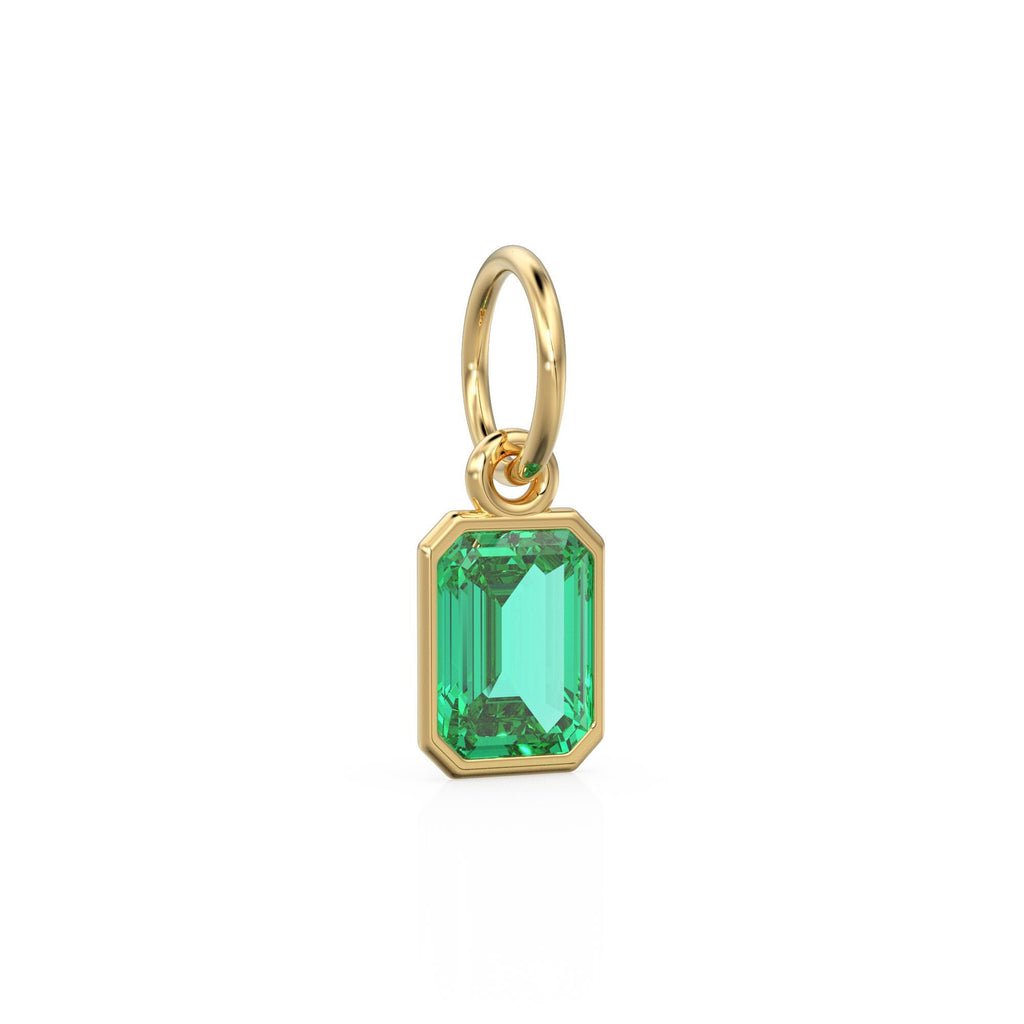 Green Emerald Cut Solid Gold Charm / Green Gemstone Handmade Gold Pendant / 14k Solid Yellow Gold May Birthstone Jewelry Making Findings