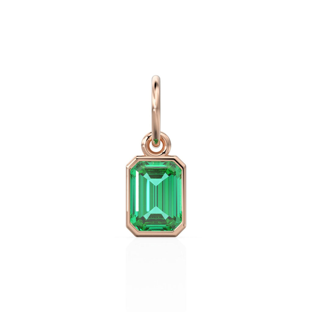 Green Emerald Cut Solid Gold Charm / Green Gemstone Handmade Gold Pendant / 14k Solid Yellow Gold May Birthstone Jewelry Making Findings