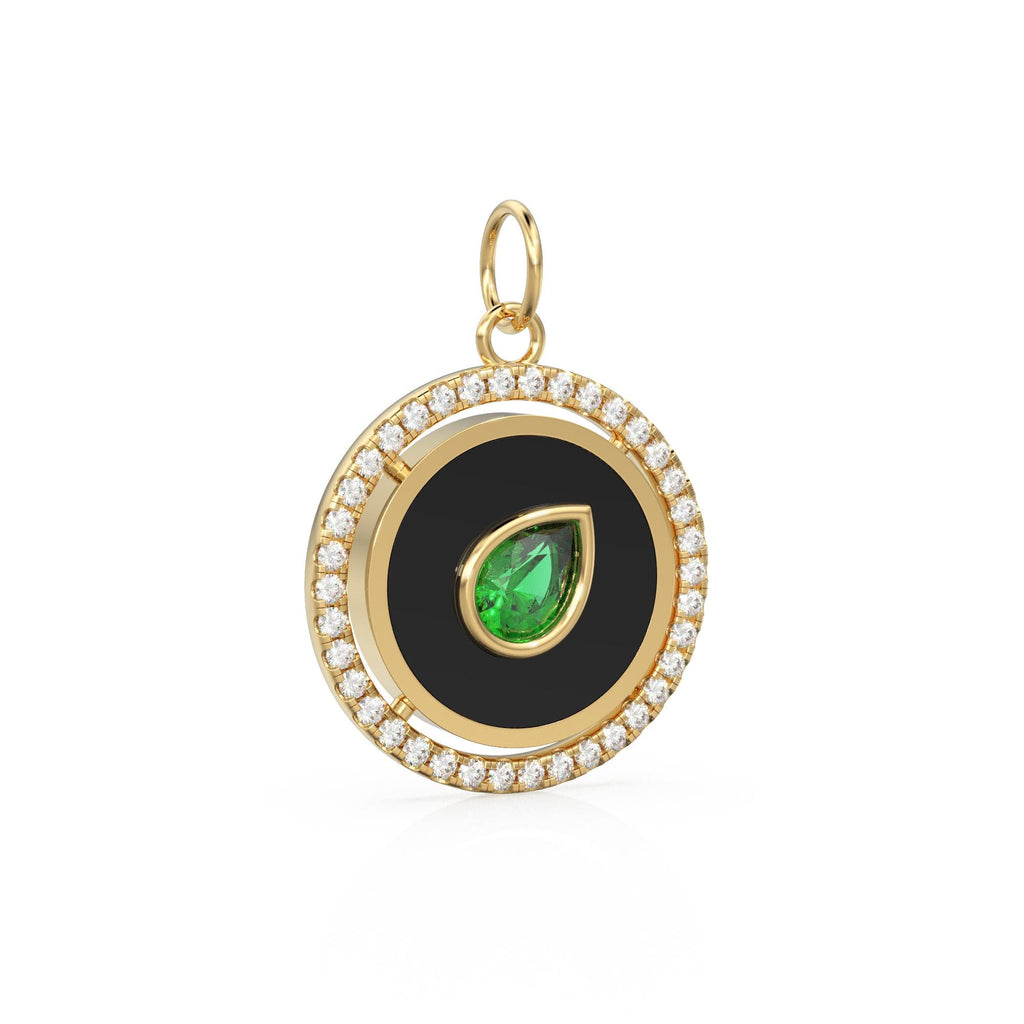 Pear Green Emerald Yellow Gold Diamond Enamel Pave Diamond Disc Charm Necklace Pendant