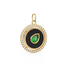 Load image into Gallery viewer, Pear Green Emerald Yellow Gold Diamond Enamel Pave Diamond Disc Charm Necklace Pendant