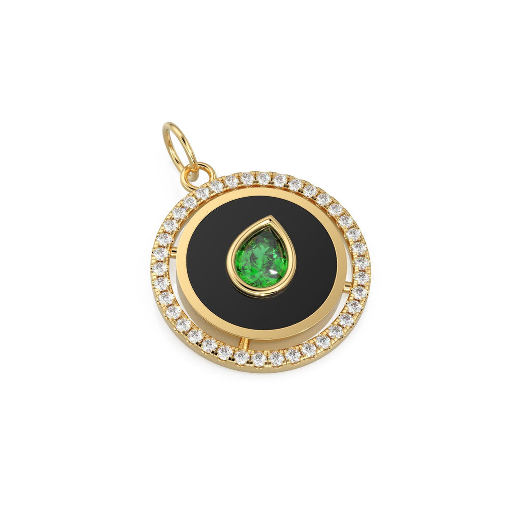 Pear Green Emerald Yellow Gold Diamond Enamel Pave Diamond Disc Charm Necklace Pendant