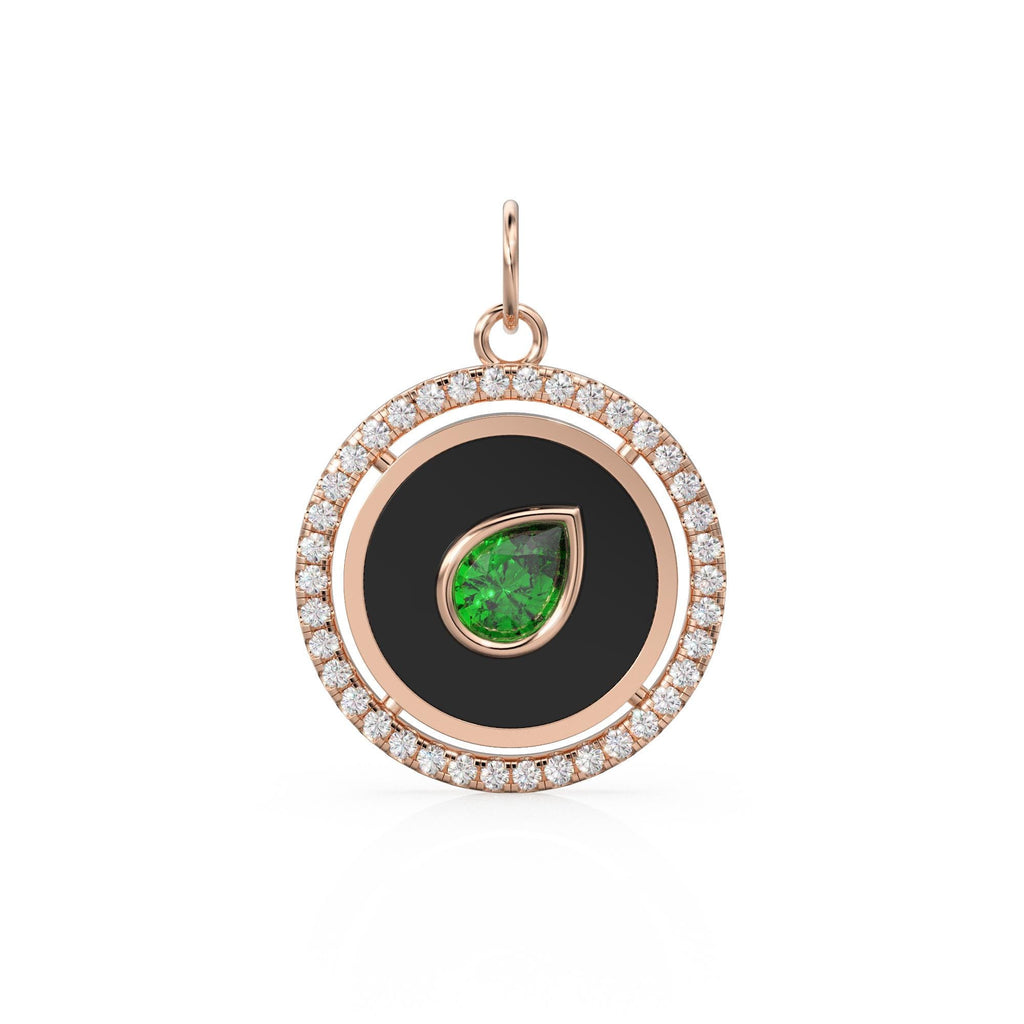 Pear Green Emerald Yellow Gold Diamond Enamel Pave Diamond Disc Charm Necklace Pendant