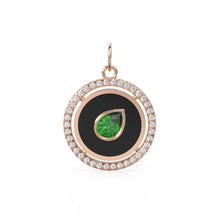 Load image into Gallery viewer, Pear Green Emerald Yellow Gold Diamond Enamel Pave Diamond Disc Charm Necklace Pendant