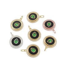 Load image into Gallery viewer, Pear Green Emerald Yellow Gold Diamond Enamel Pave Diamond Disc Charm Necklace Pendant