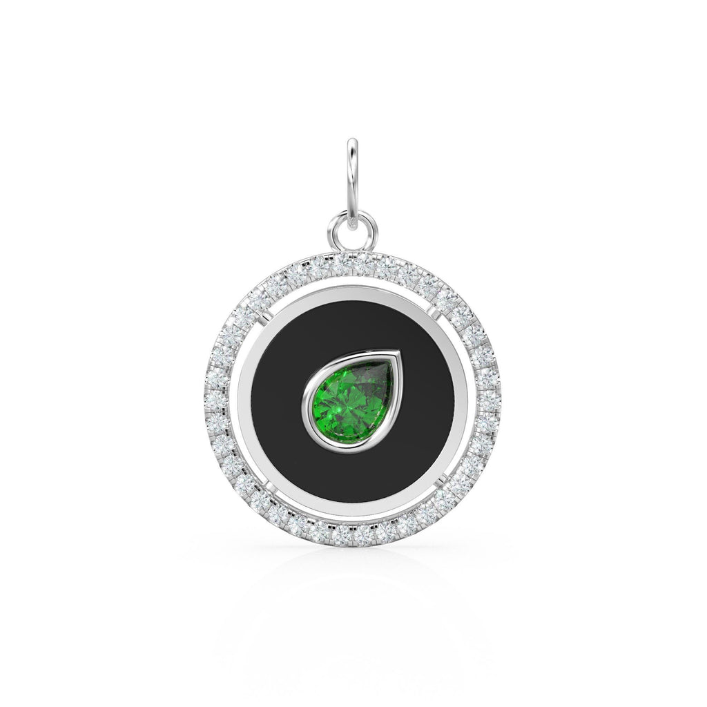 Pear Green Emerald Yellow Gold Diamond Enamel Pave Diamond Disc Charm Necklace Pendant