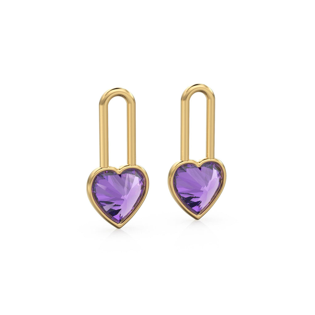 Amethyst Heart Solid Gold Charm Pair Earrings / Natural Purple Gemstone Gold Pendant / 14k Gold February Birthstone Jewelry Making Finding