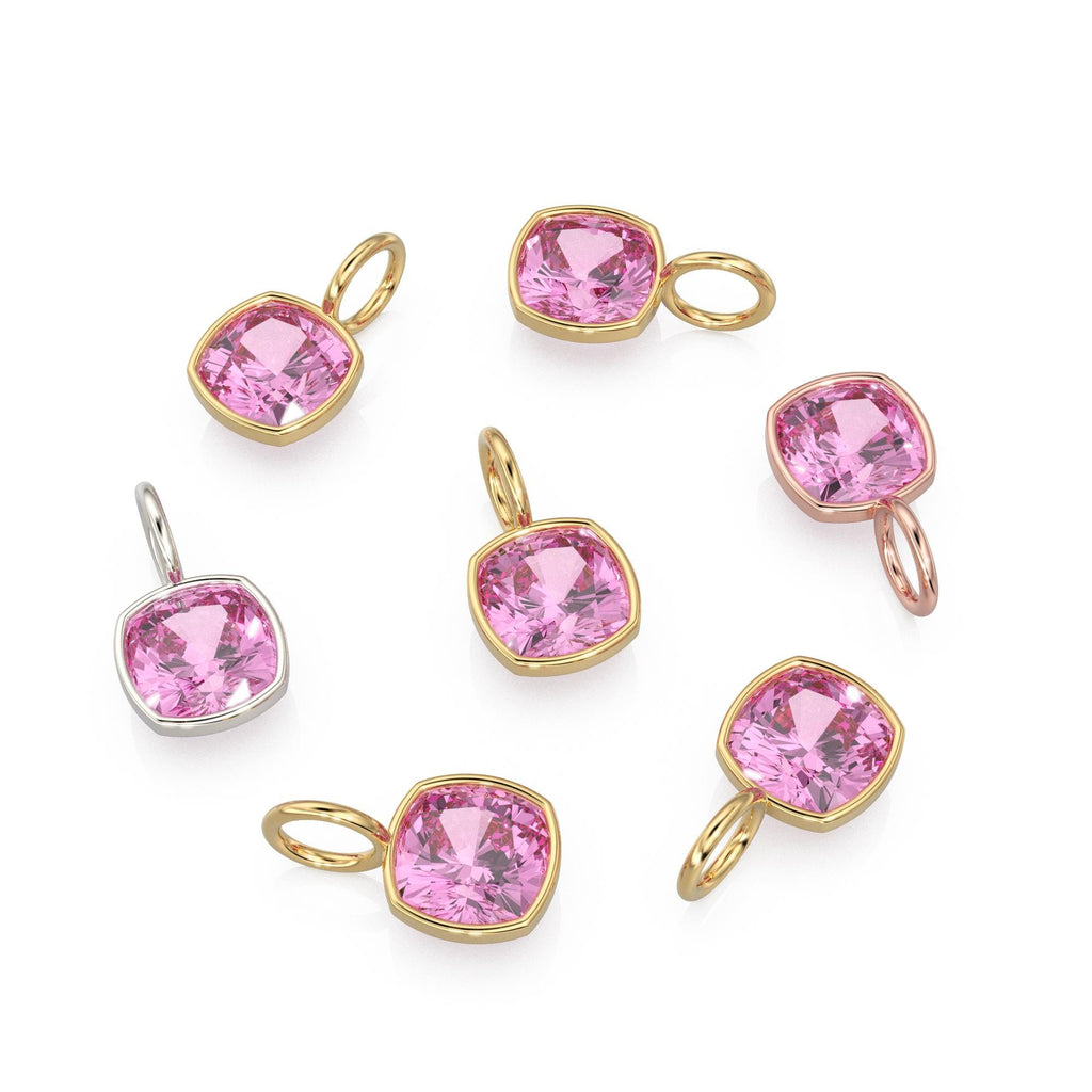 AAA Pink Tourmaline Charms 14k Yellow Solid Gold Charm Pendant Pink Cushion Gemstone Bezel 18K Gold Jewelry Finding