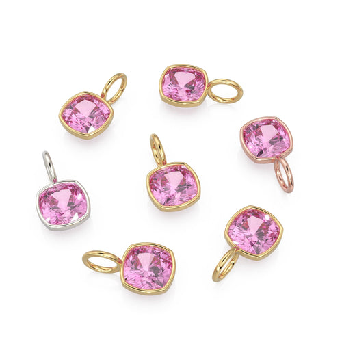 AAA Pink Tourmaline Charms 14k Yellow Solid Gold Charm Pendant Pink Cushion Gemstone Bezel 18K Gold Jewelry Finding