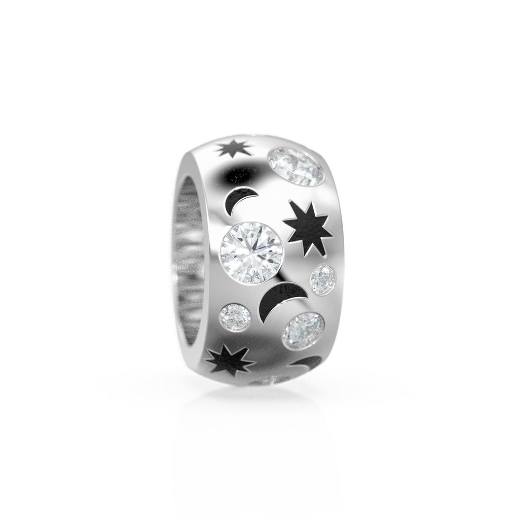 Stars 14K Large Solid Italian Gold Diamond Rondels, Charm Roundel, Diamond Enhancer Charm, Pave Moon Rondelle Spacer Pandora Compatible