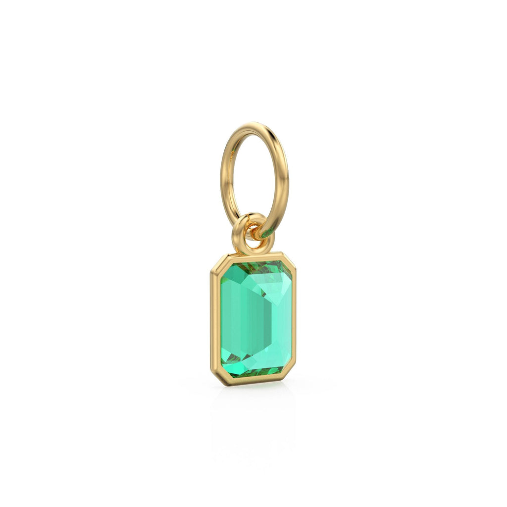 Green Emerald Cut Solid Gold Charm / Green Gemstone Handmade Gold Pendant / 14k Solid Yellow Gold May Birthstone Jewelry Making Findings