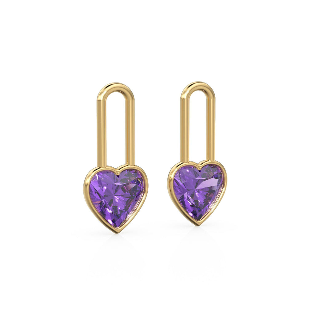 Amethyst Heart Solid Gold Charm Pair Earrings / Natural Purple Gemstone Gold Pendant / 14k Gold February Birthstone Jewelry Making Finding