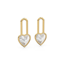 Load image into Gallery viewer, White Quartz Heart Solid Gold Charm Pair Earrings / Natural White Gemstone Gold Pendant / 14k Gold April Birthstone Jewelry Making Finding