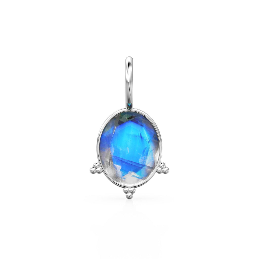 10mm Rainbow Moonstone 18k Charm, 14K Solid Gold Charm, Blue Flash Gemstone Faceted Oval Charm Necklace, June Birthstone Gold Charm Pendant