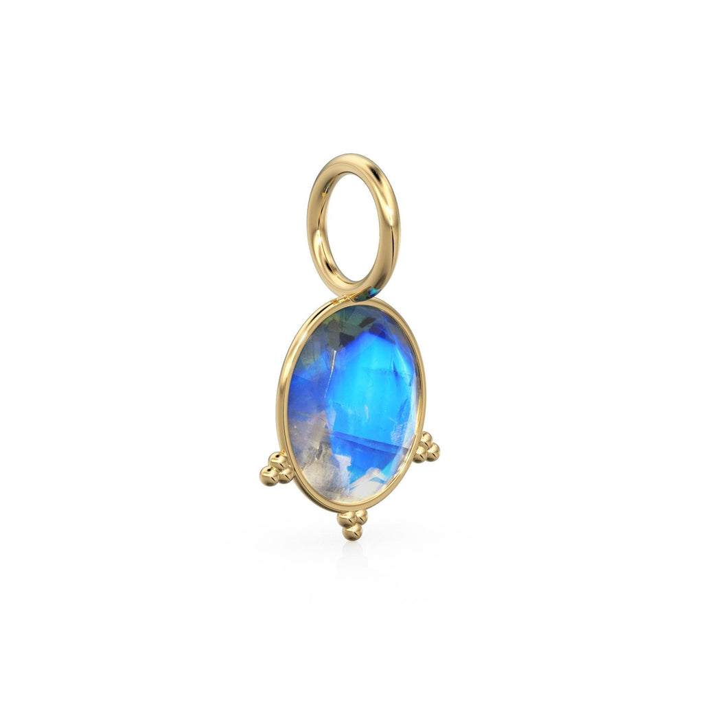10mm Rainbow Moonstone 18k Charm, 14K Solid Gold Charm, Blue Flash Gemstone Faceted Oval Charm Necklace, June Birthstone Gold Charm Pendant