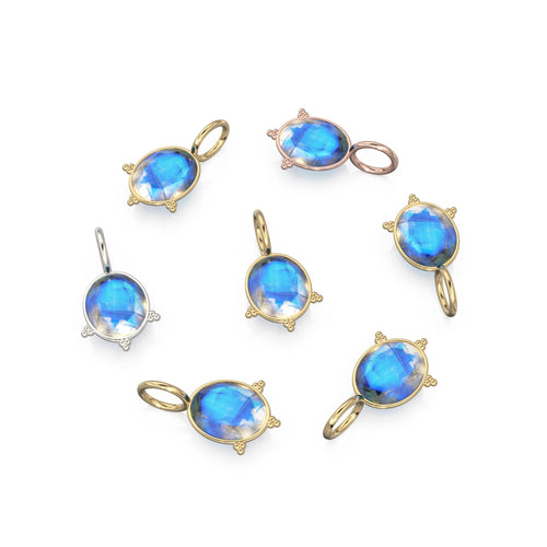 10mm Rainbow Moonstone 18k Charm, 14K Solid Gold Charm, Blue Flash Gemstone Faceted Oval Charm Necklace, June Birthstone Gold Charm Pendant