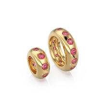 Load image into Gallery viewer, 14k Gold Roundel Red Garnet Charm, Garnet Wheel Charm, Round Charm Holder Eternity Round Garnet Gemstone Band Connector, January birthstone