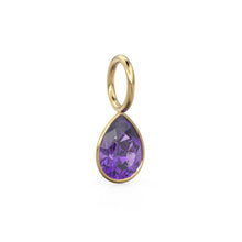 Load image into Gallery viewer, Purple Amethyst 7mm 14k Yellow Solid Gold Charm Pendant Bezel Jewelry Finding / February Birthstone / Purple Gemstone / Pear Cut Amulet