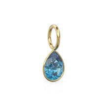 Load image into Gallery viewer, Swiss Blue Topaz 7mm 14k Yellow Solid Gold Charm Pendant Bezel Jewelry Finding / December Birthstone / Blue Gemstone / Pear Cut Amulet