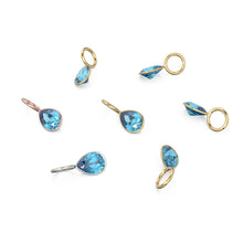 Load image into Gallery viewer, Swiss Blue Topaz 7mm 14k Yellow Solid Gold Charm Pendant Bezel Jewelry Finding / December Birthstone / Blue Gemstone / Pear Cut Amulet
