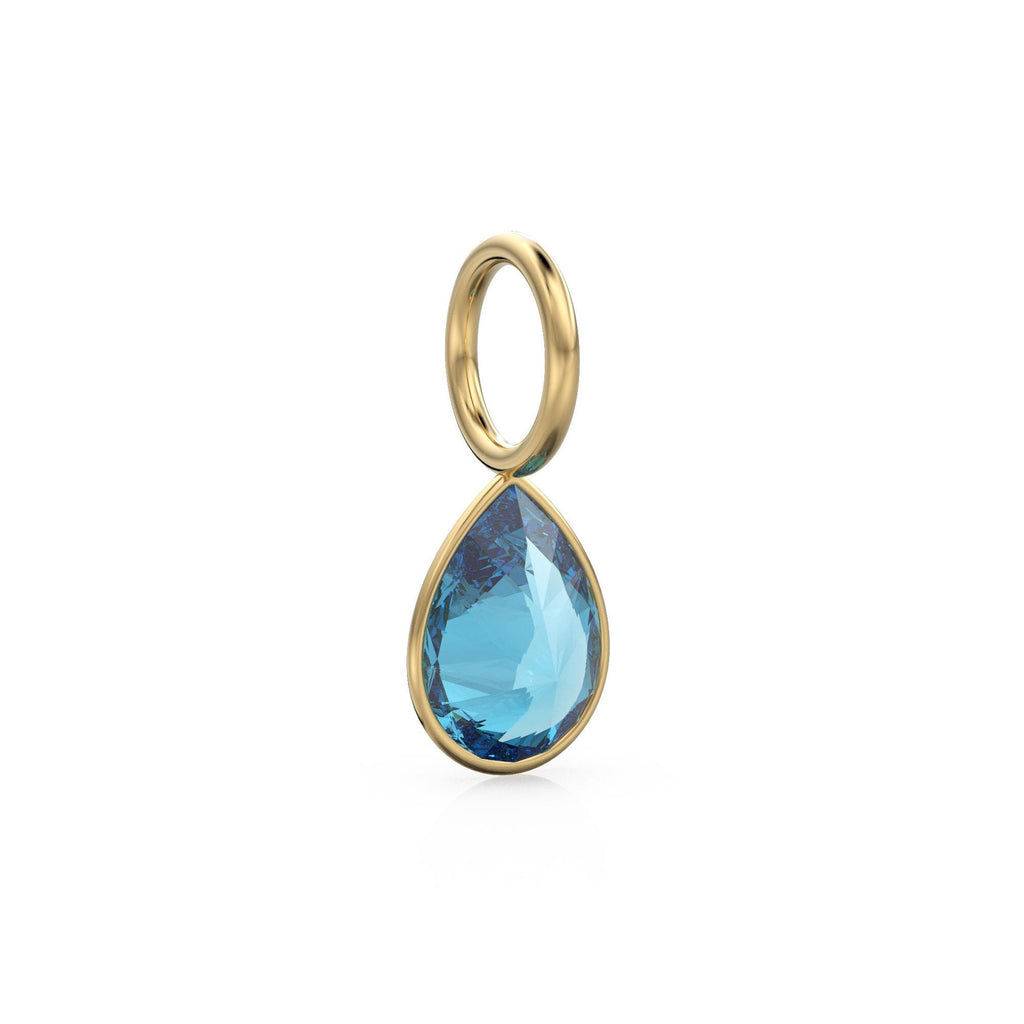 Swiss Blue Topaz 7mm 14k Yellow Solid Gold Charm Pendant Bezel Jewelry Finding / December Birthstone / Blue Gemstone / Pear Cut Amulet
