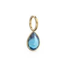 Load image into Gallery viewer, Swiss Blue Topaz 7mm 14k Yellow Solid Gold Charm Pendant Bezel Jewelry Finding / December Birthstone / Blue Gemstone / Pear Cut Amulet