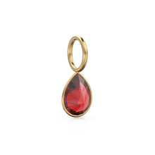 Load image into Gallery viewer, Red Ruby 7mm 14k Yellow Solid Gold Charm Pendant Bezel Jewelry Finding / July Birthstone / Red Gemstone / Pear Cut Amulet