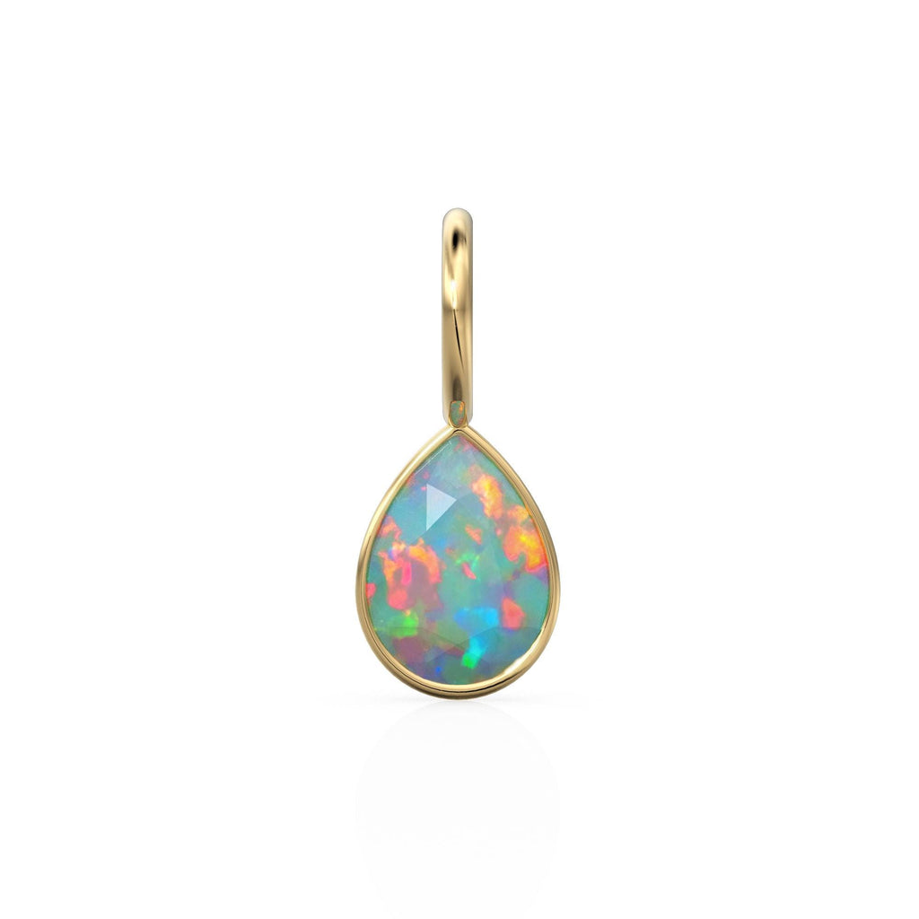 Ethiopian Opal 7mm 14k Yellow Solid Gold Charm Pendant Bezel Jewelry Finding / October Birthstone / Welo Fire Opal Gemstone / Pear Cut