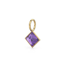 Load image into Gallery viewer, African Amethyst 5mm 14k Yellow Solid Gold Charm Pendant Bezel Jewelry Finding / September Birthstone / Princess Cut Purple Gemstone