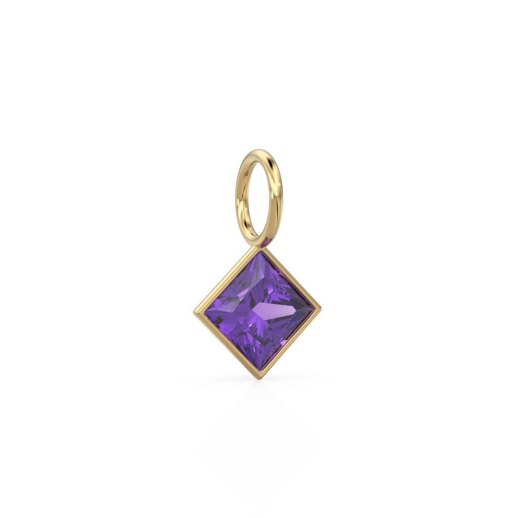 African Amethyst 5mm 14k Yellow Solid Gold Charm Pendant Bezel Jewelry Finding / September Birthstone / Princess Cut Purple Gemstone