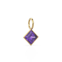 Load image into Gallery viewer, African Amethyst 5mm 14k Yellow Solid Gold Charm Pendant Bezel Jewelry Finding / September Birthstone / Princess Cut Purple Gemstone