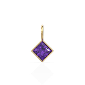African Amethyst 5mm 14k Yellow Solid Gold Charm Pendant Bezel Jewelry Finding / September Birthstone / Princess Cut Purple Gemstone