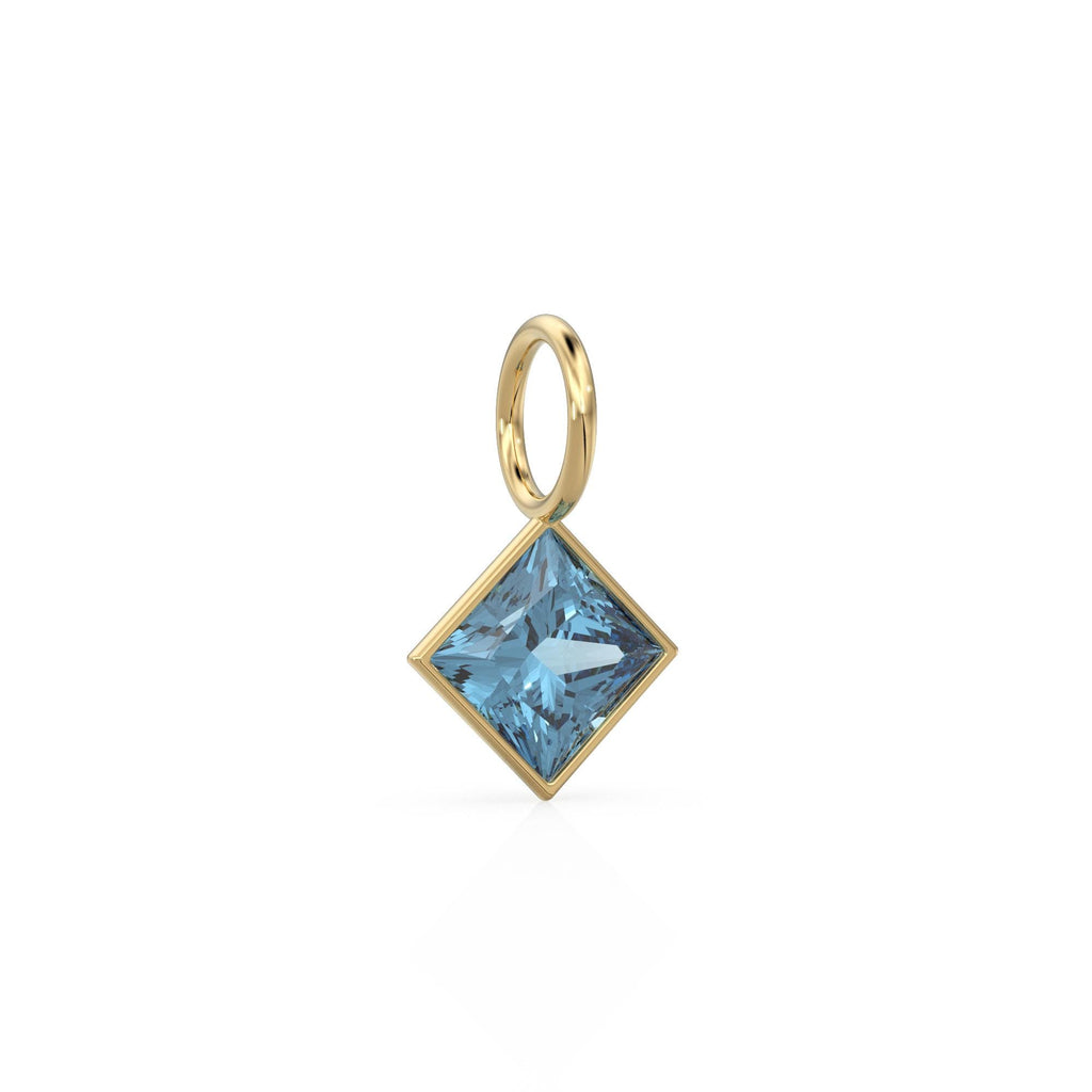 London Blue Topaz 5mm 14k Yellow Solid Gold Charm Pendant Bezel Jewelry Finding / November Birthstone / Princess Cut Blue Gemstone