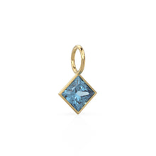 Load image into Gallery viewer, London Blue Topaz 5mm 14k Yellow Solid Gold Charm Pendant Bezel Jewelry Finding / November Birthstone / Princess Cut Blue Gemstone