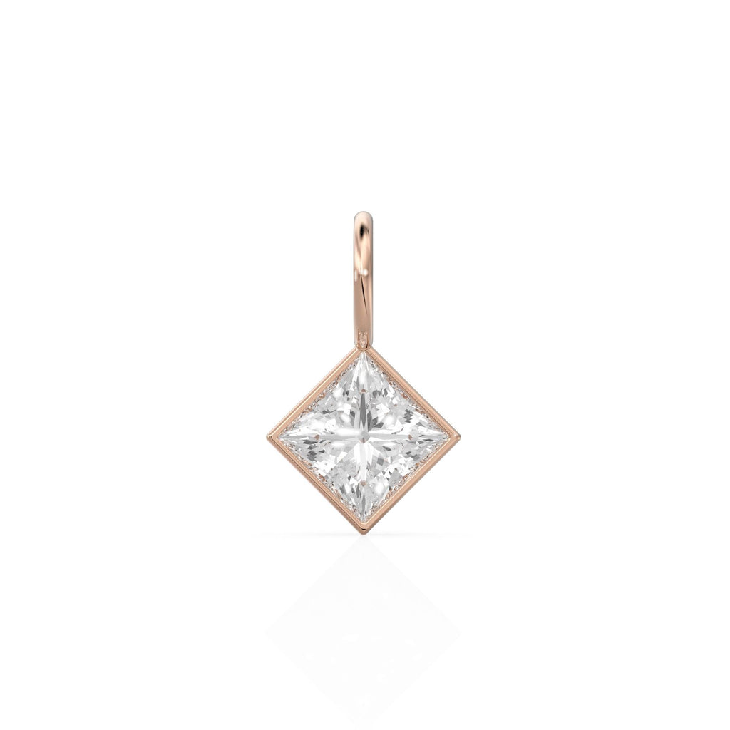 White Quartz 5mm 14k Yellow Solid Gold Charm Pendant Bezel Jewelry Finding / April Birthstone / Princess Cut Clear Gemstone / Rock Crystal
