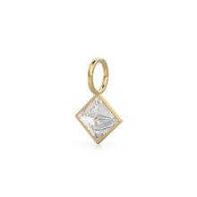 Load image into Gallery viewer, White Quartz 5mm 14k Yellow Solid Gold Charm Pendant Bezel Jewelry Finding / April Birthstone / Princess Cut Clear Gemstone / Rock Crystal