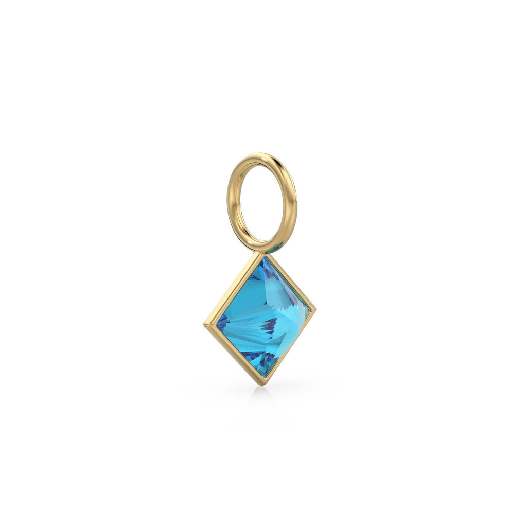 Swiss Blue Topaz 5mm 14k Yellow Solid Gold Charm Pendant Bezel Jewelry Finding / November Birthstone / Princess Cut Blue Gemstone / Gift her