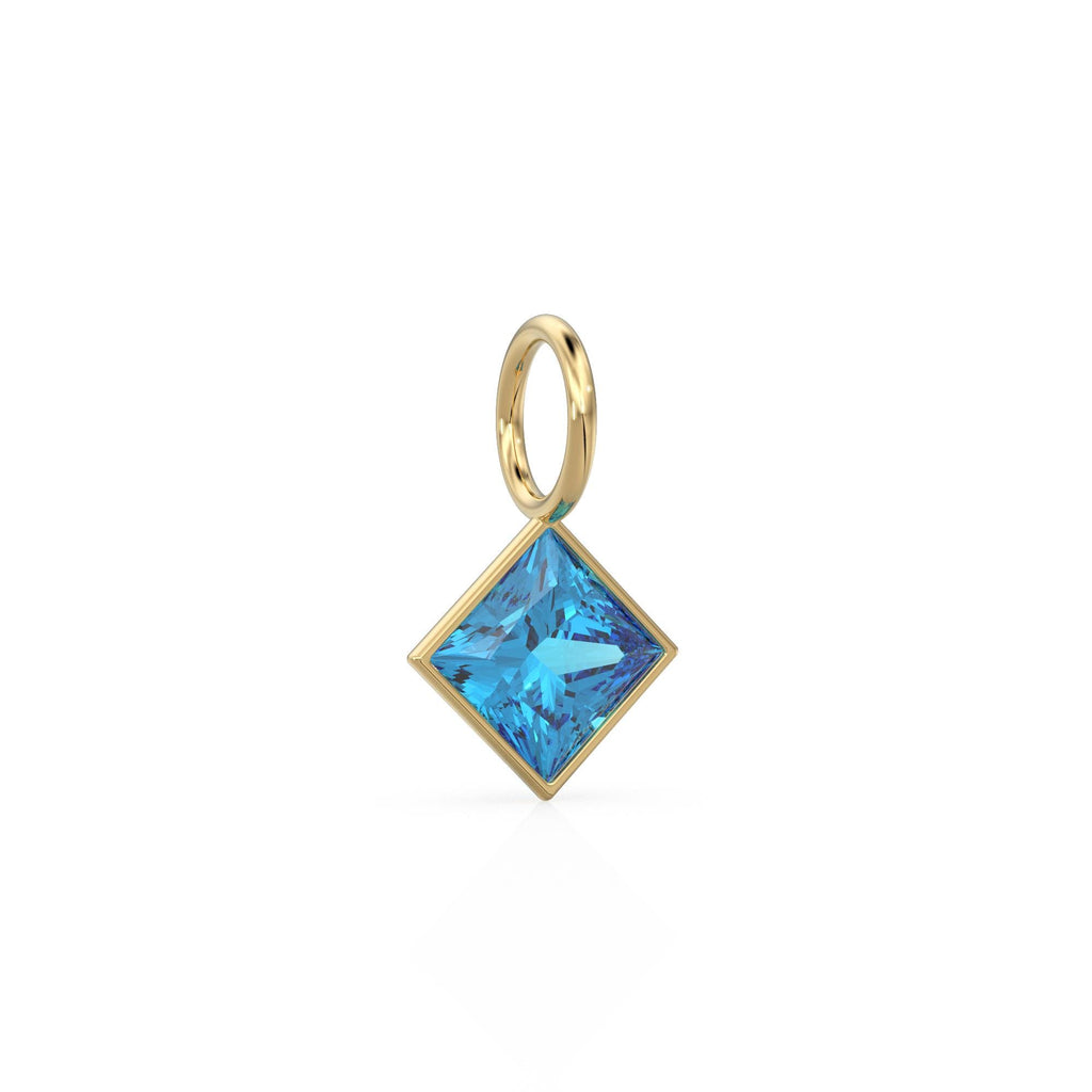 Swiss Blue Topaz 5mm 14k Yellow Solid Gold Charm Pendant Bezel Jewelry Finding / November Birthstone / Princess Cut Blue Gemstone / Gift her