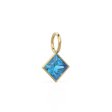 Load image into Gallery viewer, Swiss Blue Topaz 5mm 14k Yellow Solid Gold Charm Pendant Bezel Jewelry Finding / November Birthstone / Princess Cut Blue Gemstone / Gift her