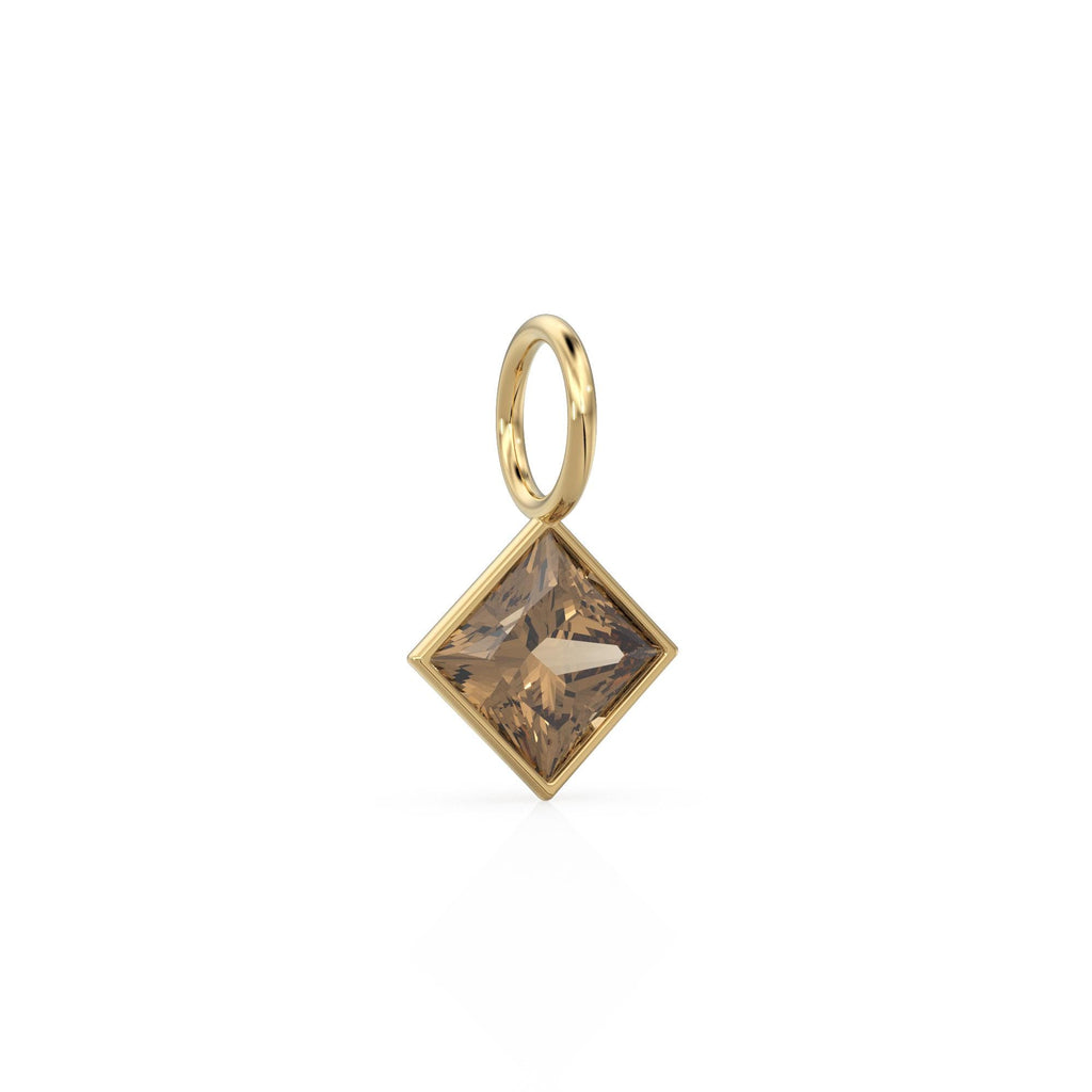 Smoky Quartz 5mm 14k Yellow Solid Gold Charm Pendant Bezel Jewelry Finding / June Birthstone / Princess Cut Brown Gemstone /