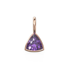 Load image into Gallery viewer, African Amethyst 5mm 14k Yellow Solid Gold Charm Pendant Bezel Jewelry Finding / September Birthstone / Trillion Cut Purple Gemstone