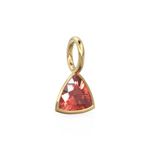 Load image into Gallery viewer, Pyrope Garnet 5mm 14k Yellow Solid Gold Charm Pendant Bezel Jewelry Finding / January Birthstone / Trillion Cut Red Gemstone / St Patricks
