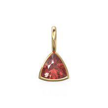 Load image into Gallery viewer, Pyrope Garnet 5mm 14k Yellow Solid Gold Charm Pendant Bezel Jewelry Finding / January Birthstone / Trillion Cut Red Gemstone / St Patricks