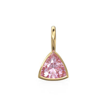 Load image into Gallery viewer, Tourmaline 5mm 14k Yellow Solid Gold Charm Pendant Bezel Jewelry Finding / October Birthstone / Trillion Cut Pink Gemstone /