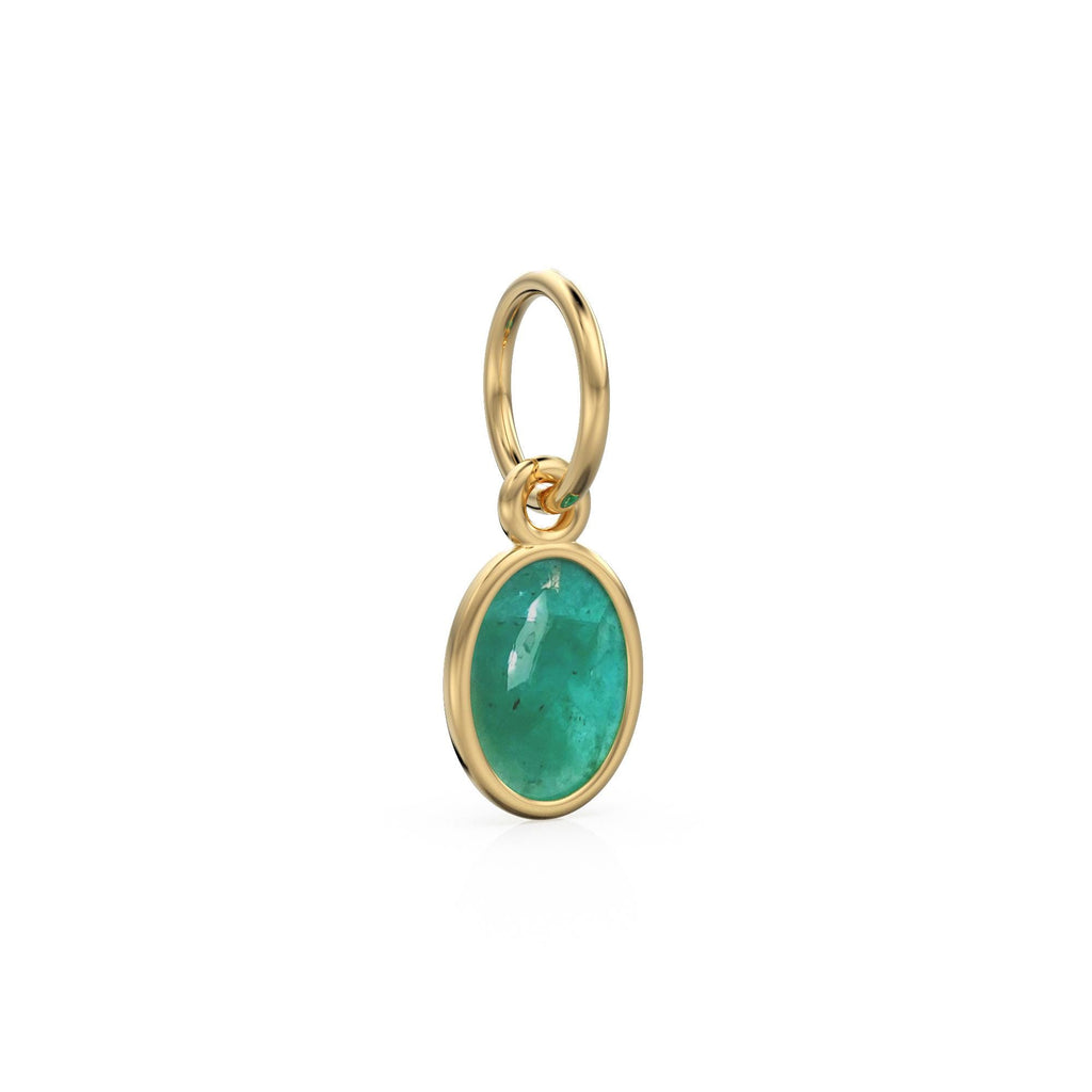 Zambian Emerald Oval Cabochon Solid Gold Charm / Green Gemstone Handmade Gold Pendant / 1pc 14k Solid Yellow Gold Jewelry Making Findings