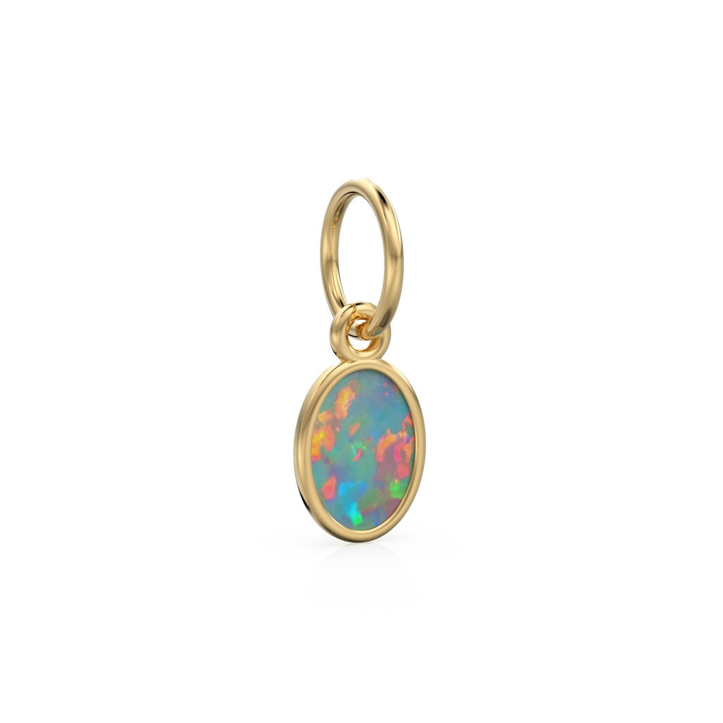 Ethiopian Opal Oval Cabochon Solid Gold Charm / Rainbow Fire Gemstone Handmade Gold Pendant / 14k Solid Yellow Gold Jewelry Making Finding