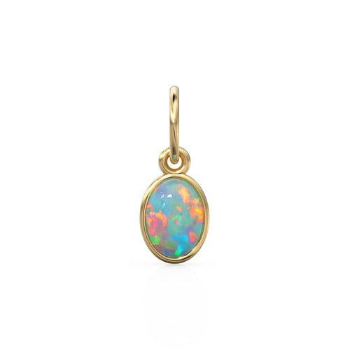 Ethiopian Opal Oval Cabochon Solid Gold Charm / Rainbow Fire Gemstone Handmade Gold Pendant / 14k Solid Yellow Gold Jewelry Making Finding