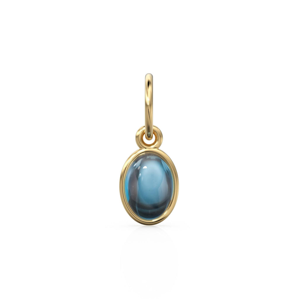 London Blue Topaz Oval Cabochon Solid Gold Charm / Blue Gemstone Handmade Gold Pendant / 1pc 14k Solid Yellow Gold Jewelry Making Findings