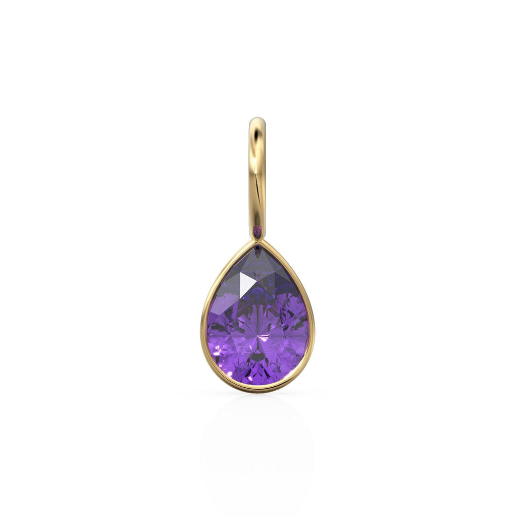 Purple Amethyst 7mm 14k Yellow Solid Gold Charm Pendant Bezel Jewelry Finding / February Birthstone / Purple Gemstone / Pear Cut Amulet