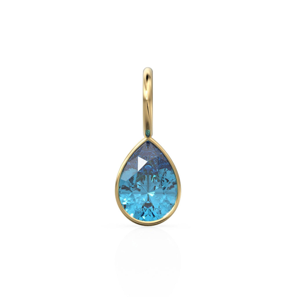 Swiss Blue Topaz 7mm 14k Yellow Solid Gold Charm Pendant Bezel Jewelry Finding / December Birthstone / Blue Gemstone / Pear Cut Amulet