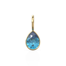 Load image into Gallery viewer, Swiss Blue Topaz 7mm 14k Yellow Solid Gold Charm Pendant Bezel Jewelry Finding / December Birthstone / Blue Gemstone / Pear Cut Amulet